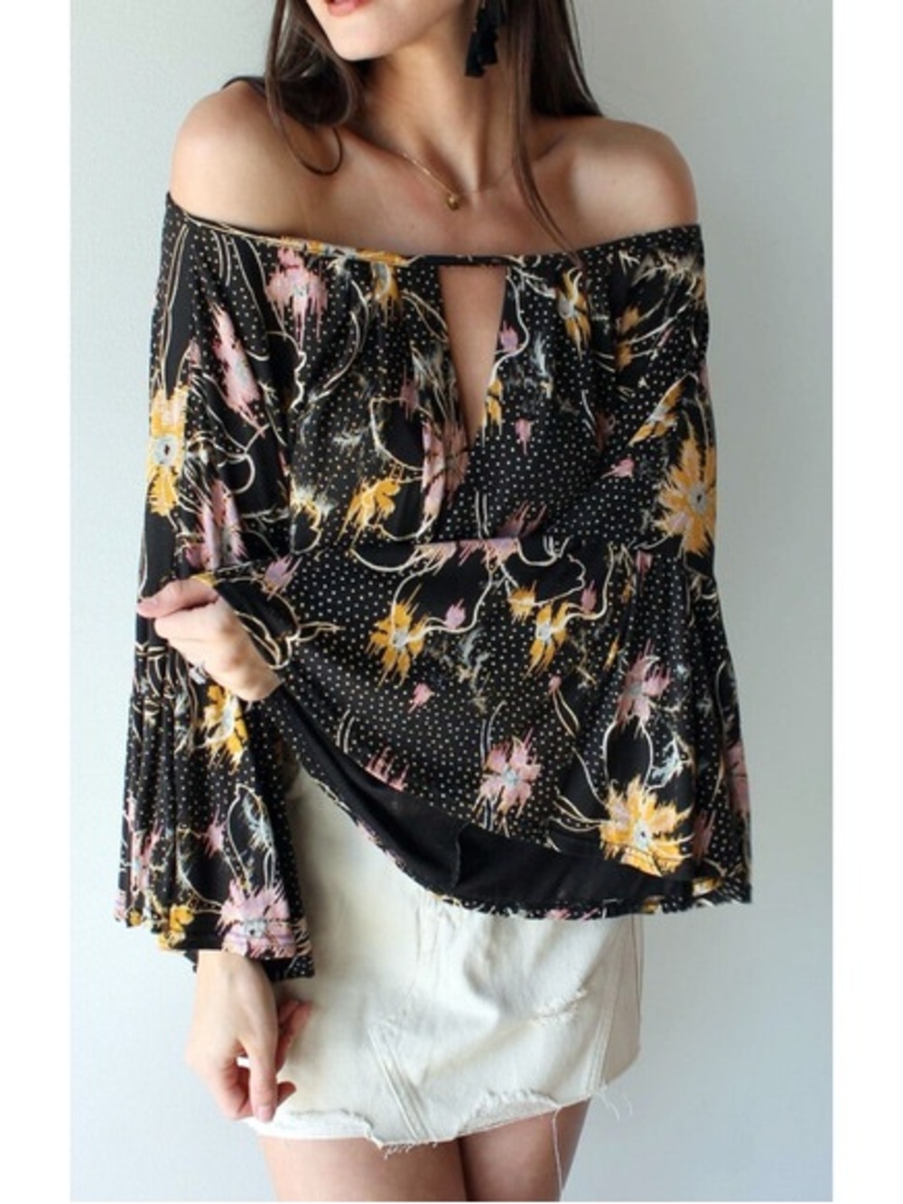 Off-Shoulder Floral Bell-Sleeve Top in Black - Free People MEDIUM